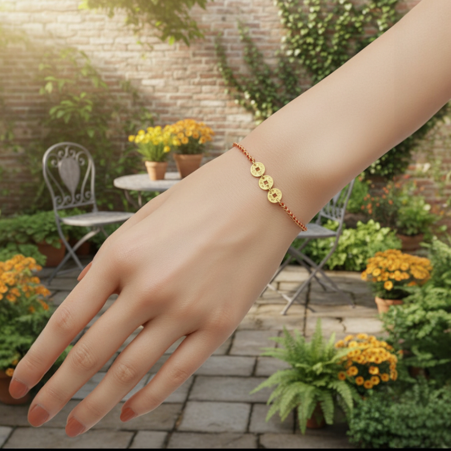 18K Gold Chinese Coin Bring Wealth Lucky Red Braided Bracelet