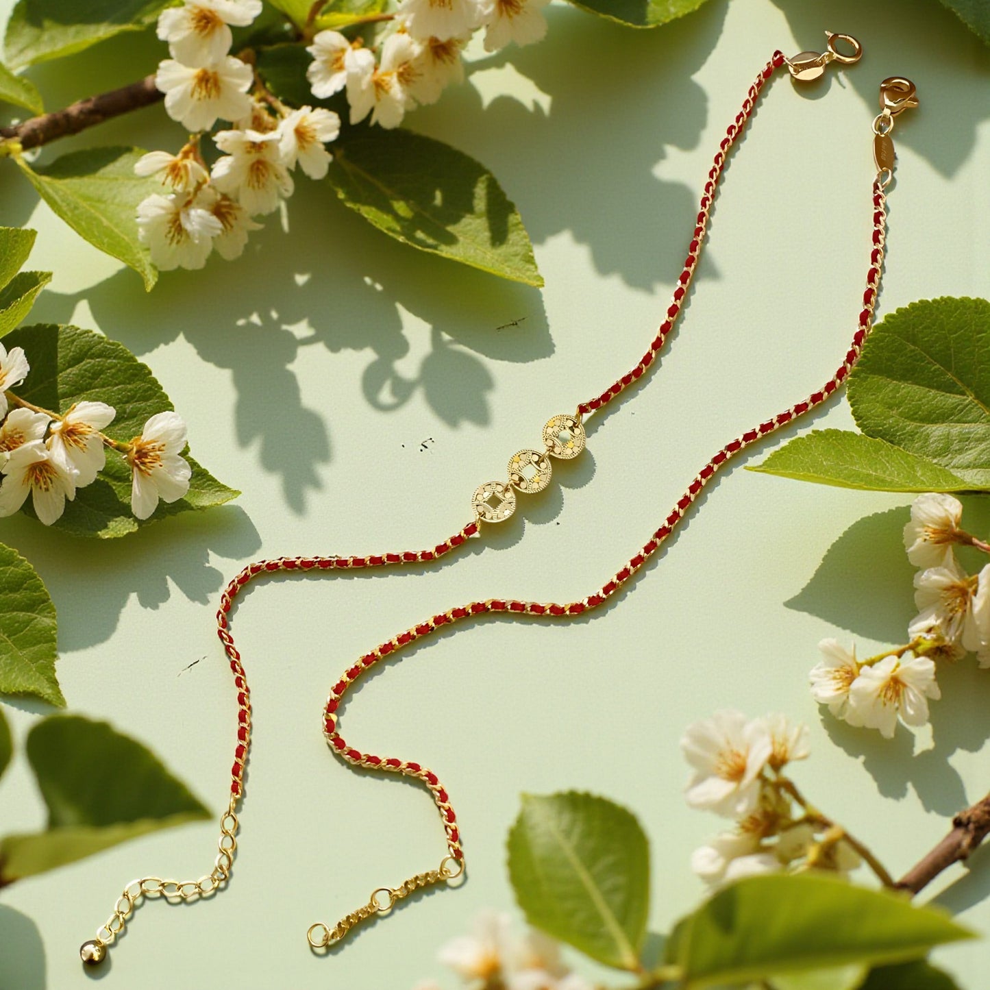 18K Gold Chinese Coin Bring Wealth Lucky Red Braided Bracelet