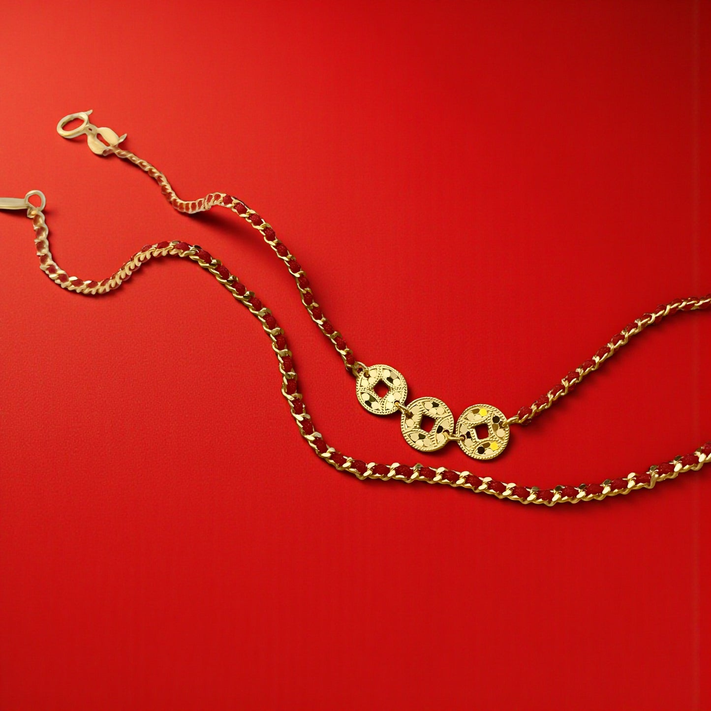18K Gold Chinese Coin Bring Wealth Lucky Red Braided Bracelet