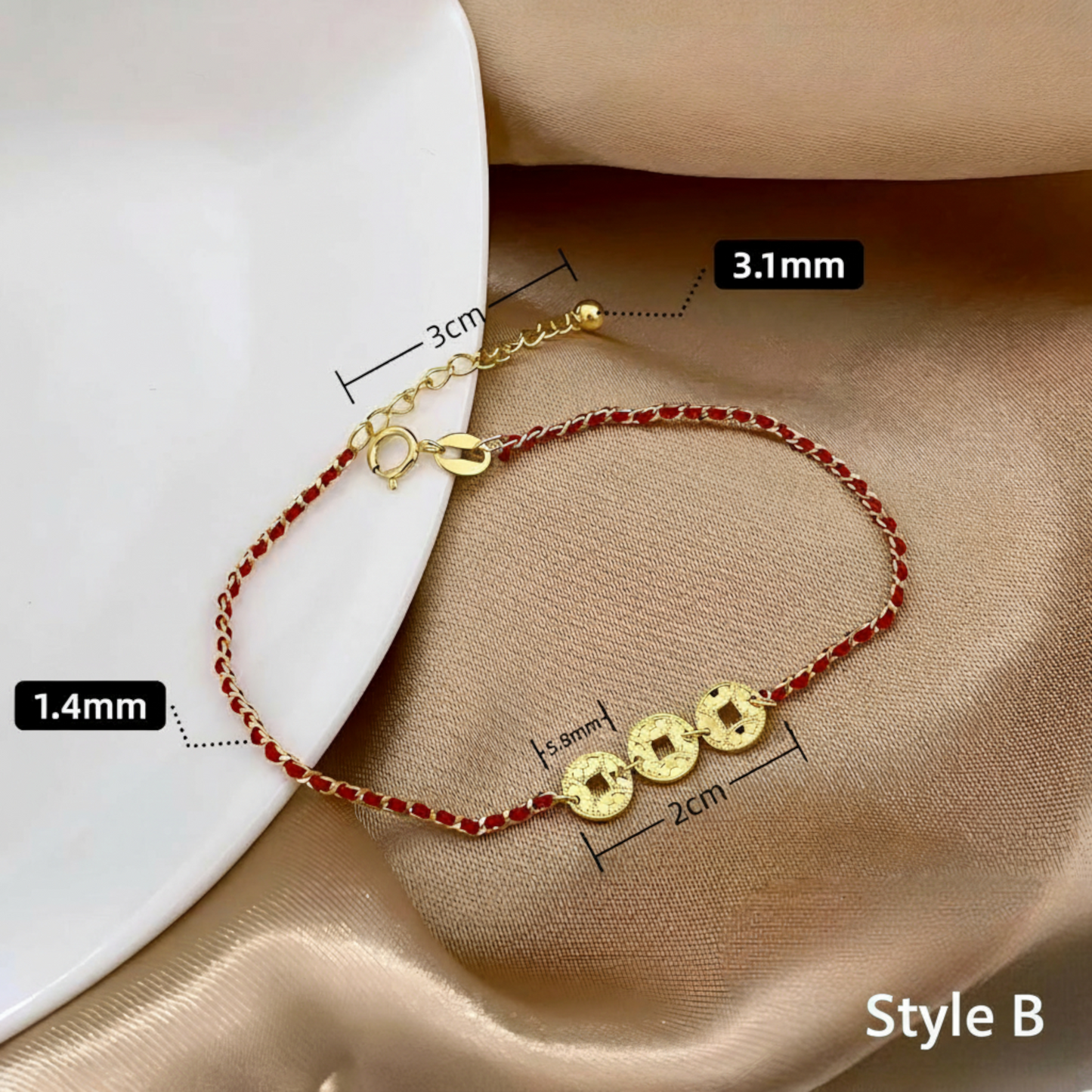 18K Gold Chinese Coin Bring Wealth Lucky Red Braided Bracelet