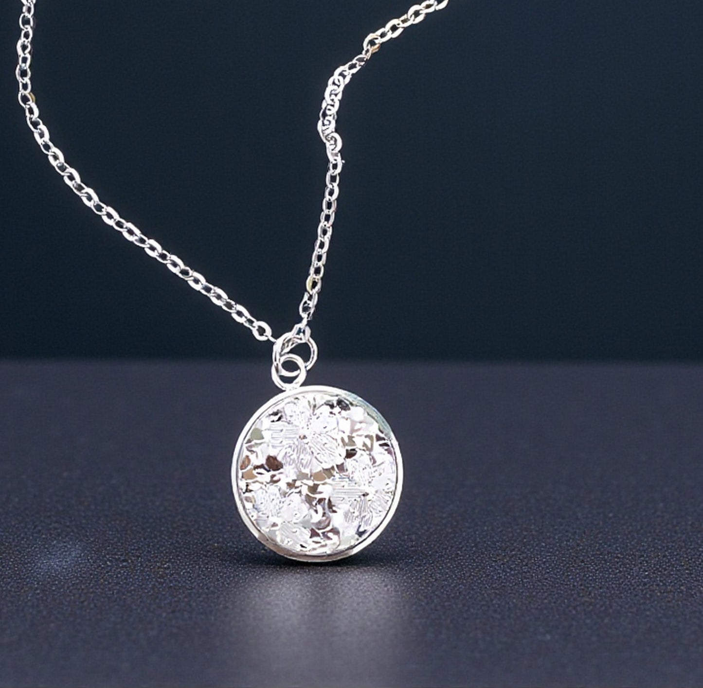 Pt950 Platinum Cherry Blossom Flower Intricate Floral Engraving Round Sparkle Pendant Necklace