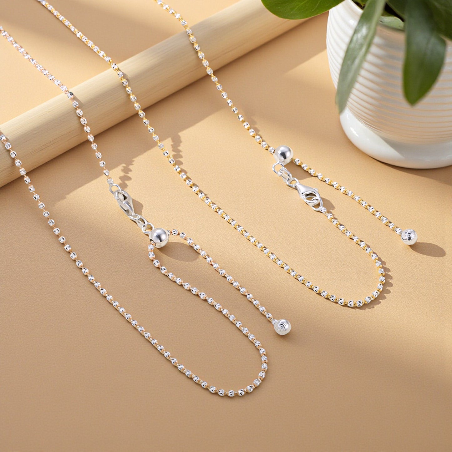 Genuine 18K Yellow Rose White Multi Gold Adjustable Beads Necklace Chain