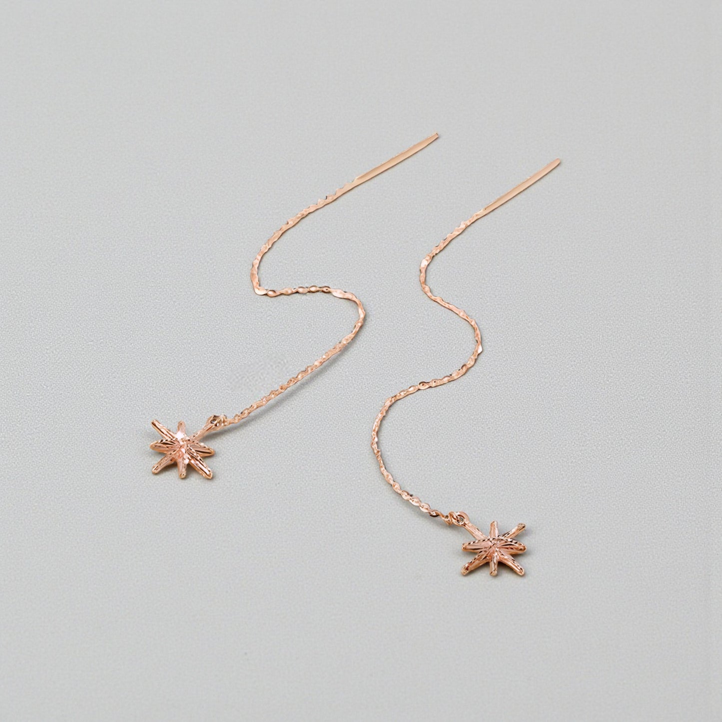 18K Rose Gold Trendy Threader Chain Eight-pointed Star Charm Earrings