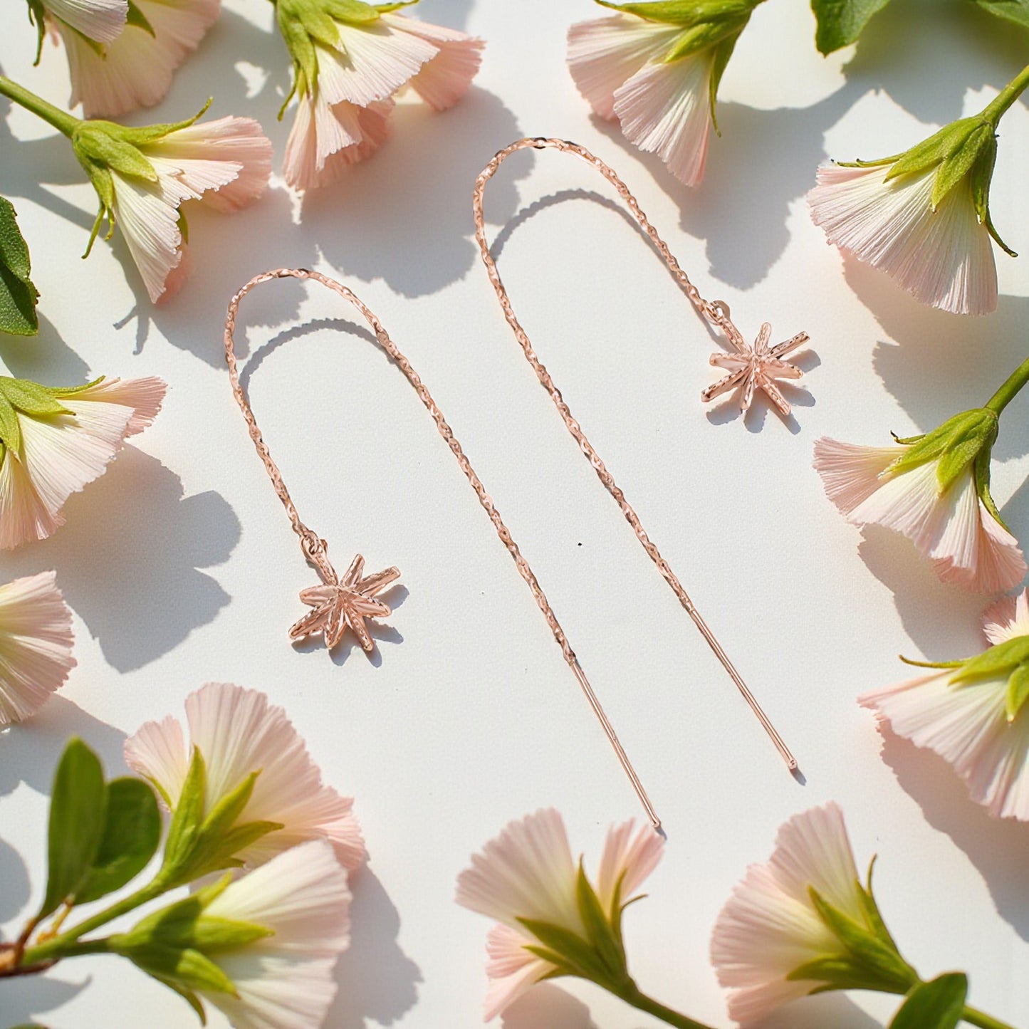 18K Rose Gold Trendy Threader Chain Eight-pointed Star Charm Earrings