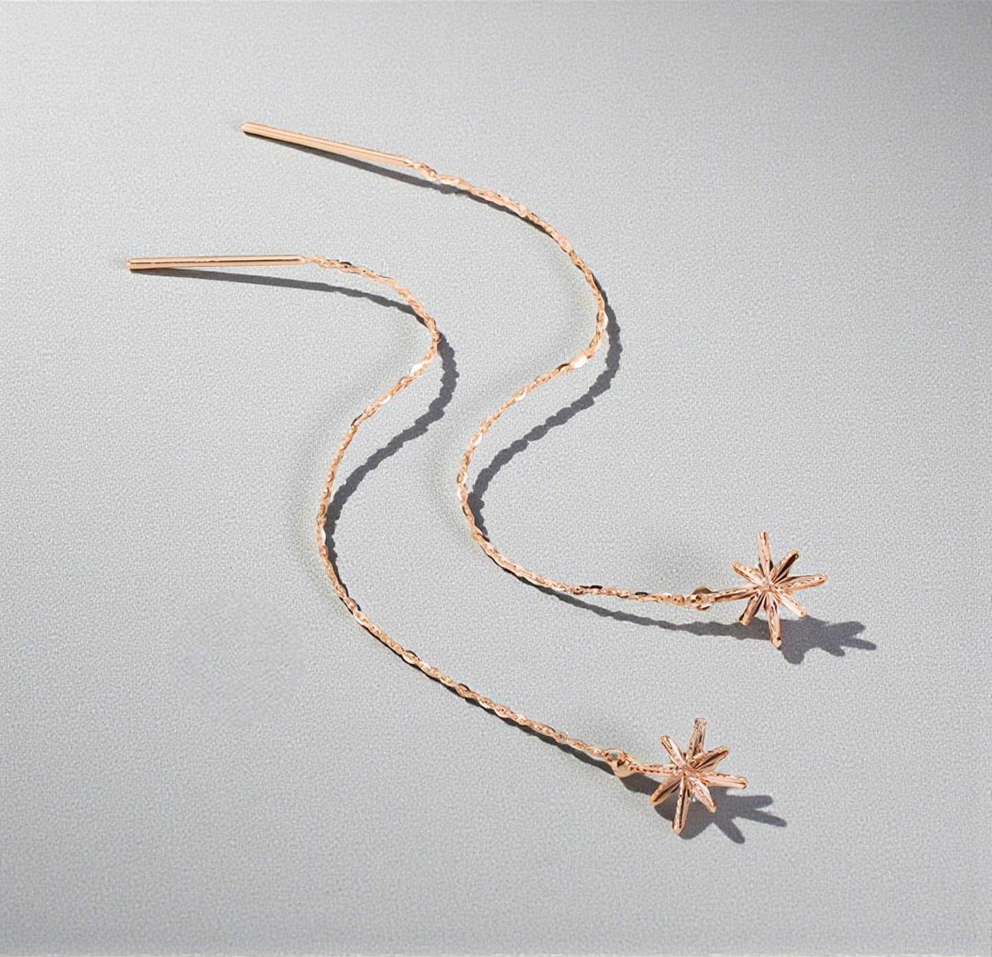 18K Rose Gold Trendy Threader Chain Eight-pointed Star Charm Earrings