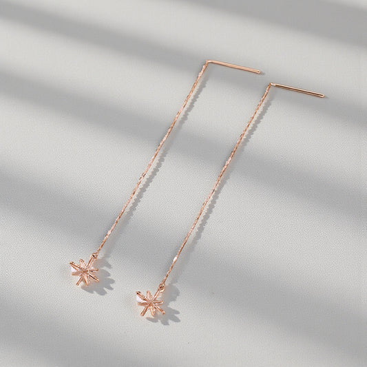 18K Rose Gold Trendy Threader Chain Eight-pointed Star Charm Earrings