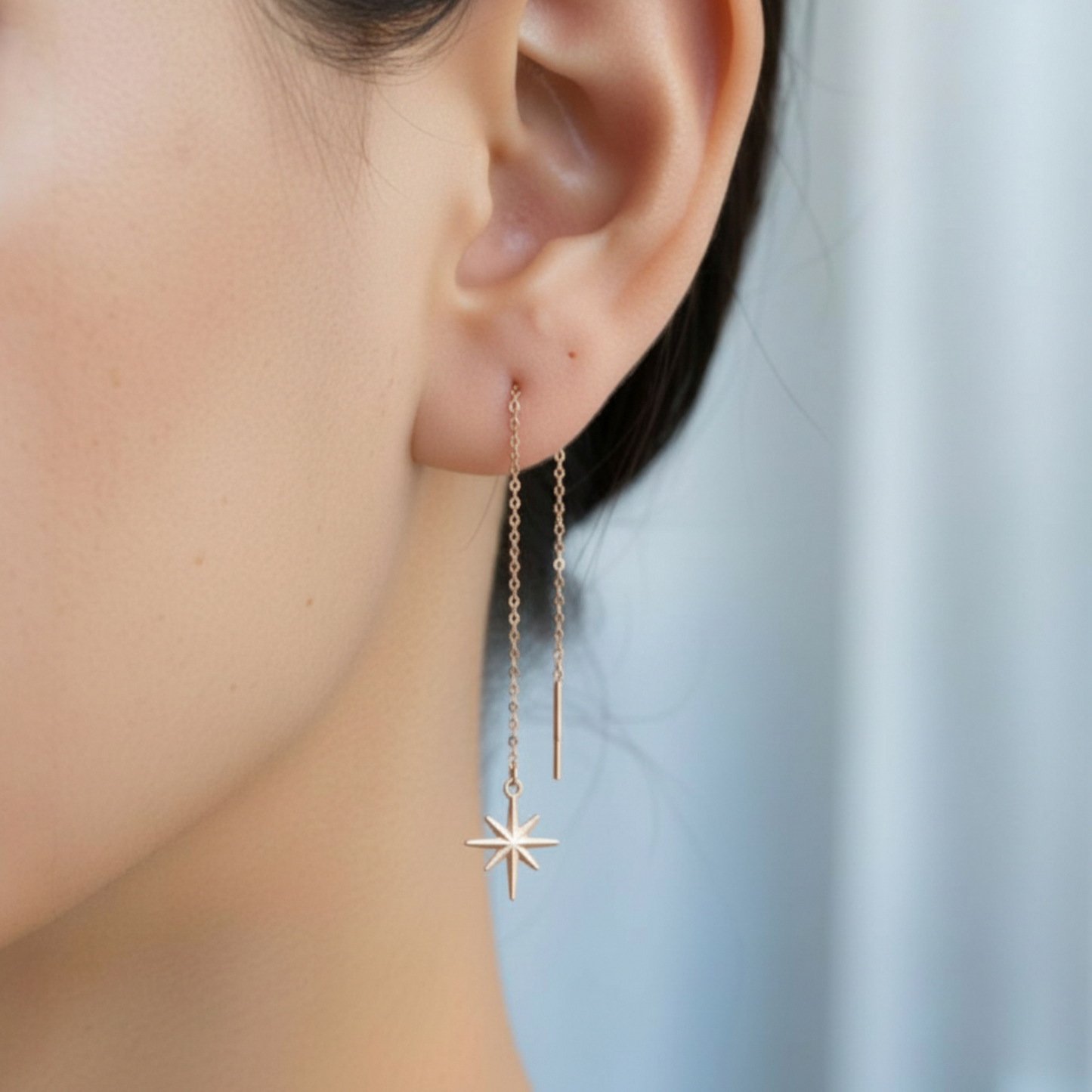 18K Rose Gold Trendy Threader Chain Eight-pointed Star Charm Earrings