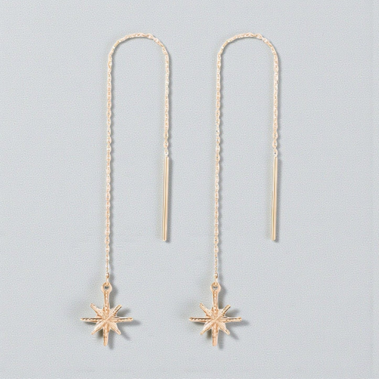 18K Rose Gold Trendy Threader Chain Eight-pointed Star Charm Earrings