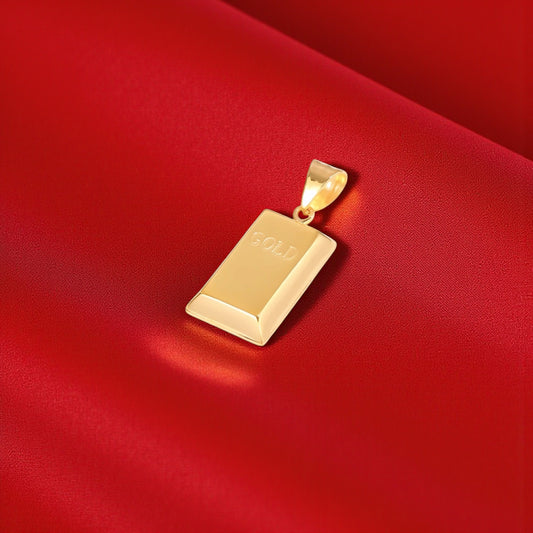 Genuine 18K Rose and Yellow Gold Brick Bar Pendant Engraved "Get Rich" Design
