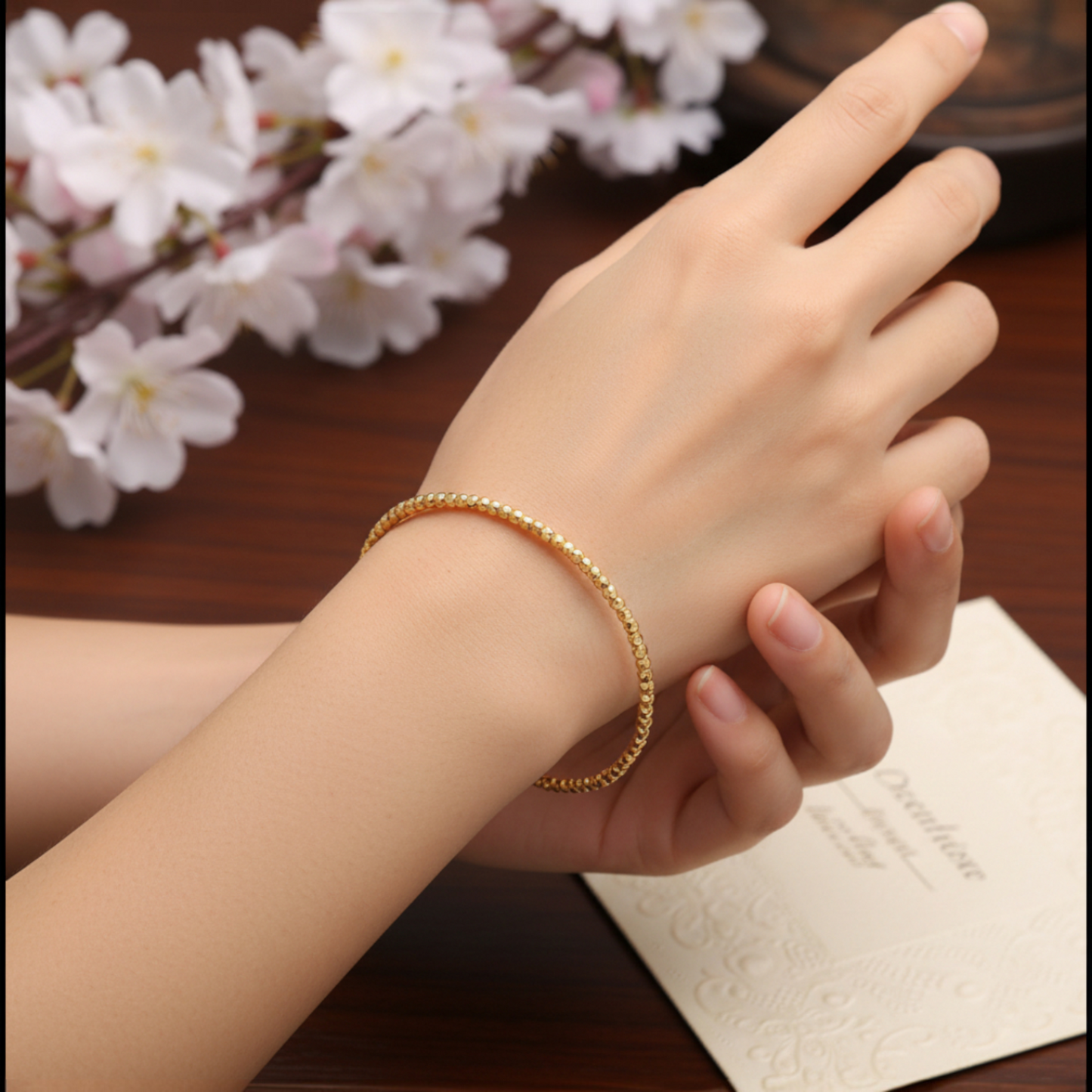 18K Gold Laser Beads Soft Bangle Bracelet with Adjustable Chain