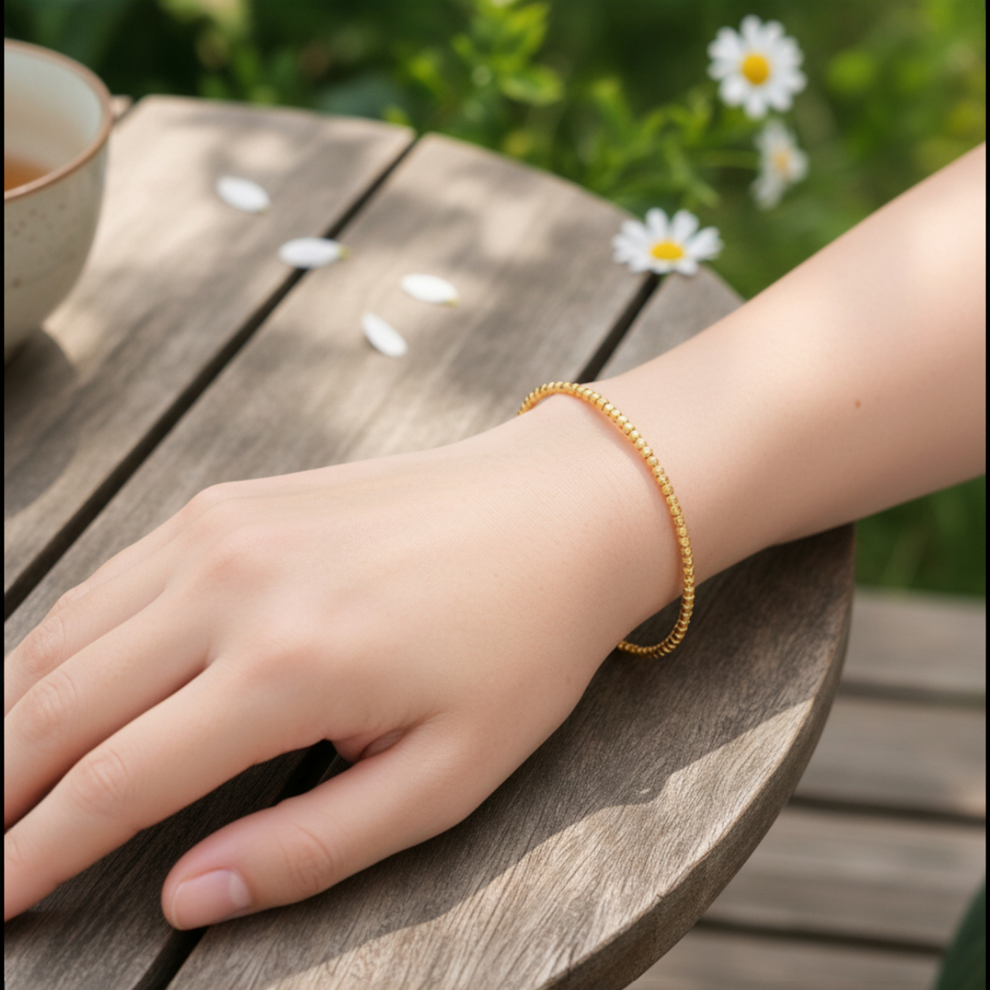 18K Gold Laser Beads Soft Bangle Bracelet with Adjustable Chain