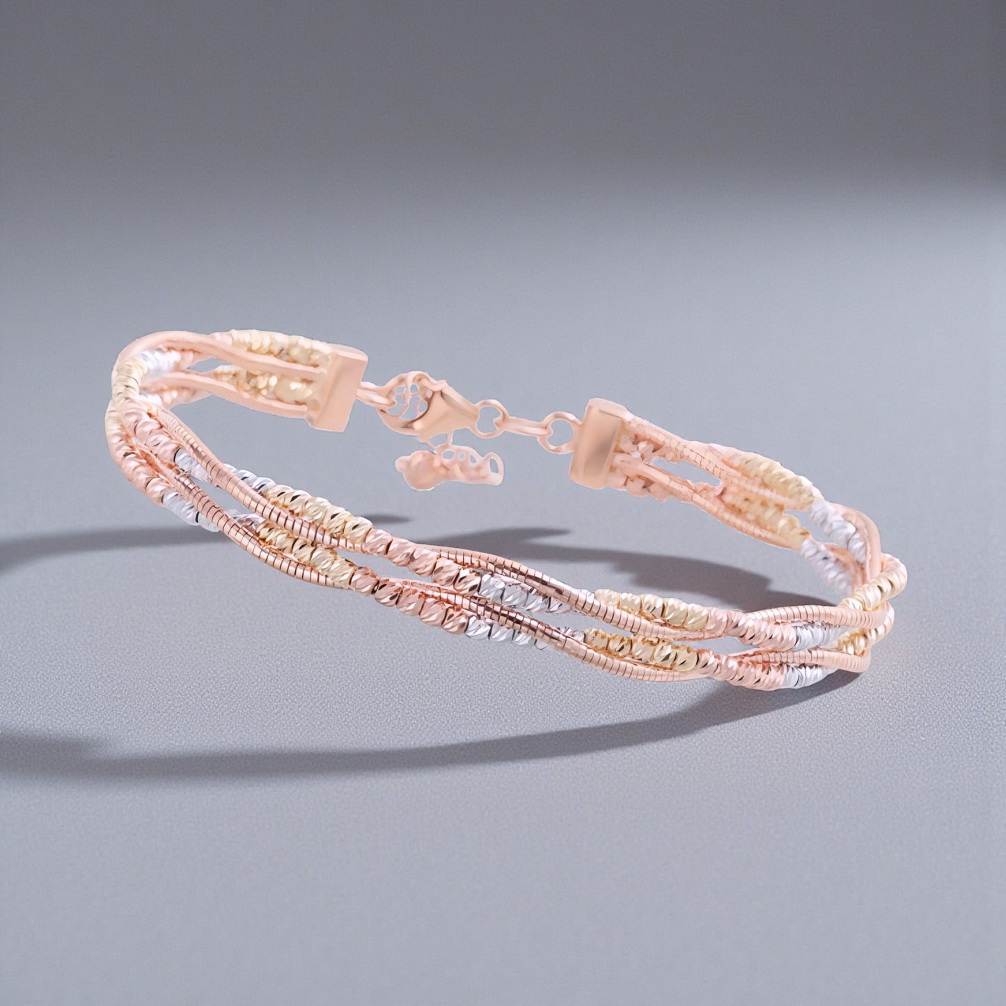 18K Tri-Color Multi-Color Gold Beads Double Layer Bangle Bracelet