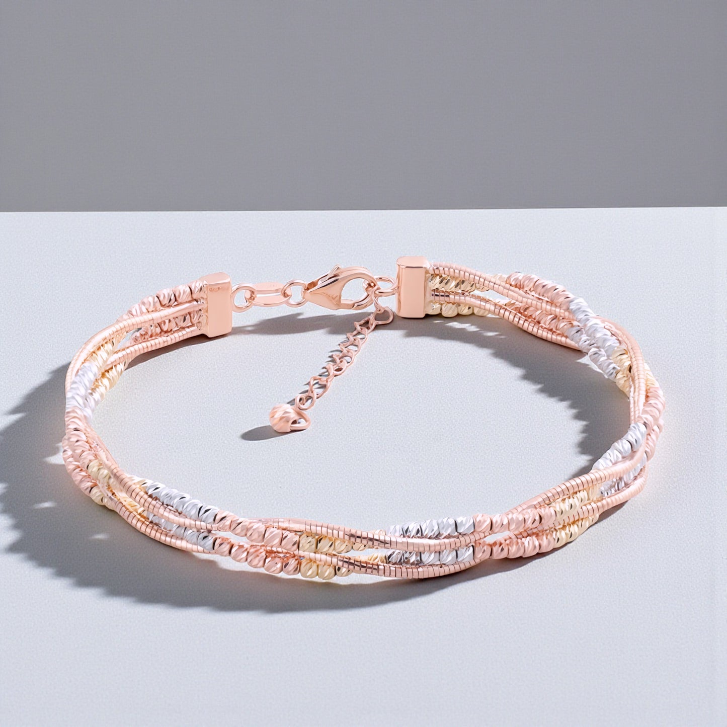 18K Tri-Color Multi-Color Gold Beads Double Layer Bangle Bracelet