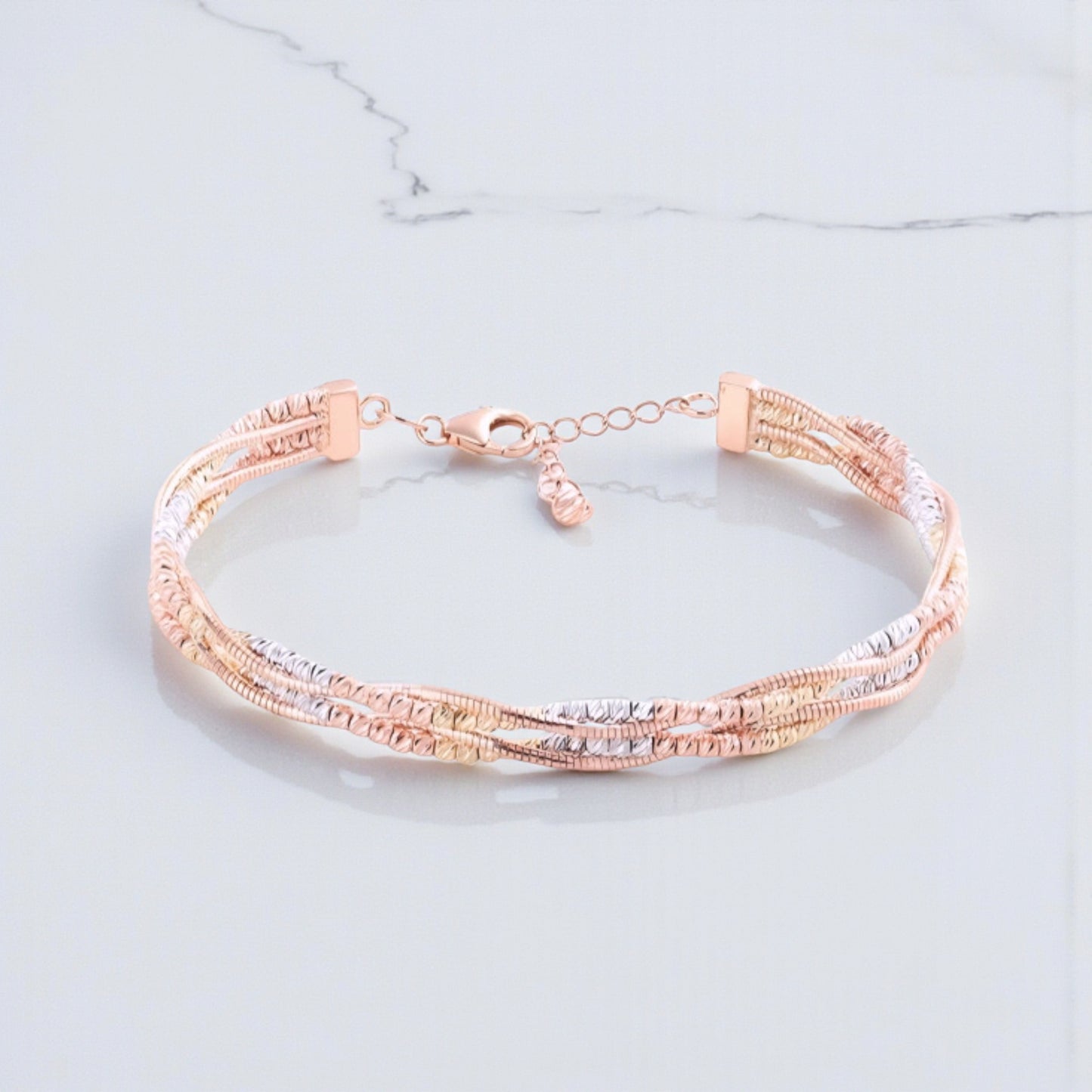 18K Tri-Color Multi-Color Gold Beads Double Layer Bangle Bracelet