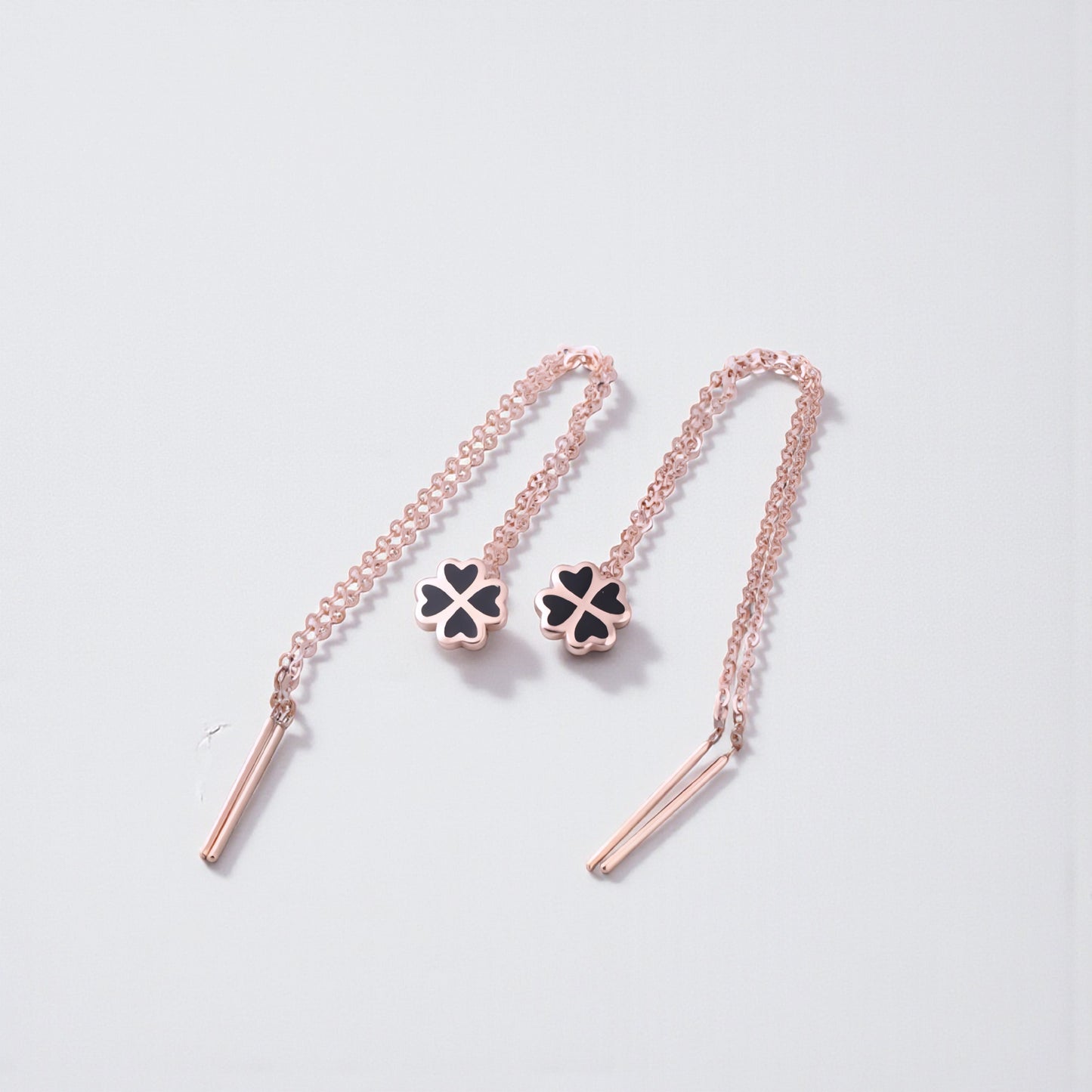 18K Rose Gold Trendy Threader Clover Charm Earrings