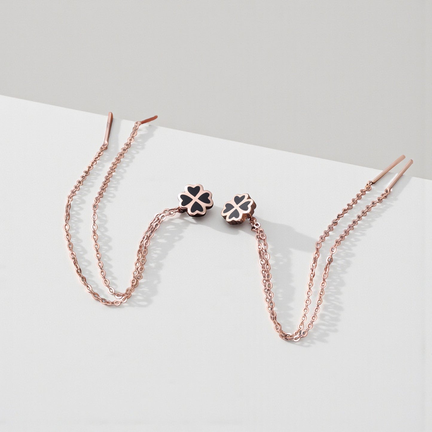18K Rose Gold Trendy Threader Clover Charm Earrings