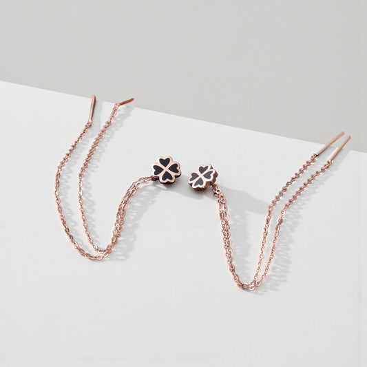 18K Rose Gold Trendy Threader Clover Charm Earrings