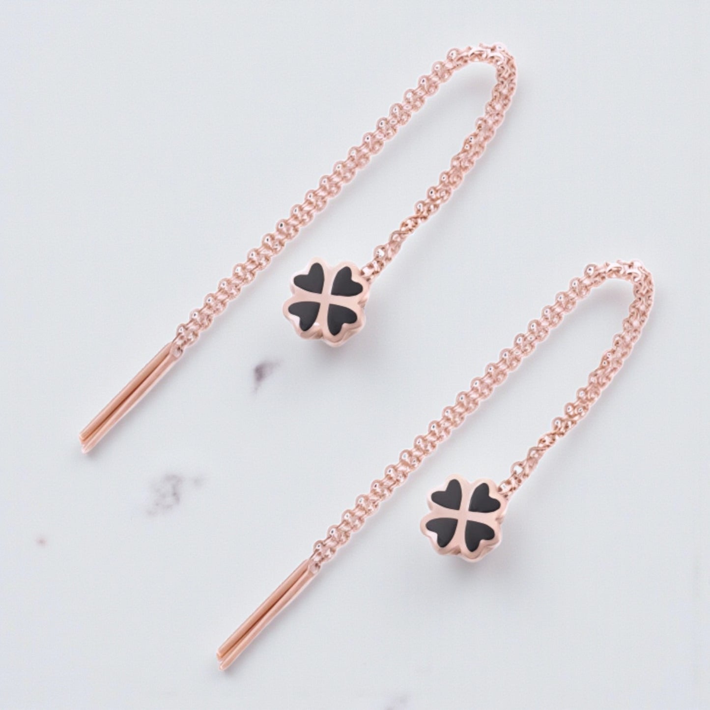 18K Rose Gold Trendy Threader Clover Charm Earrings