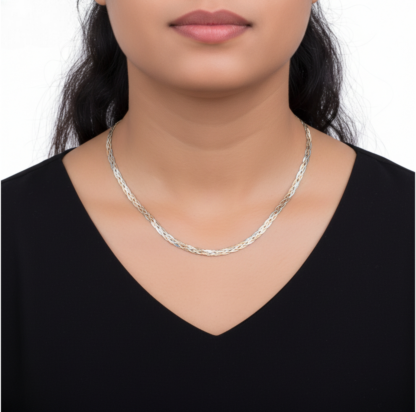 Genuine 18K Gold Multi-Strand Braided Tri-Color Clavicle Chain Necklace