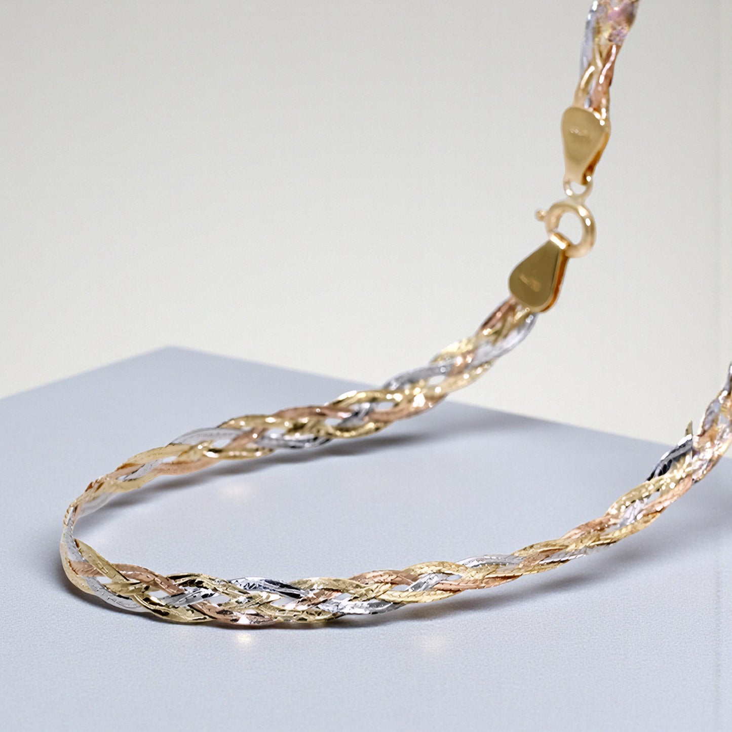 Genuine 18K Gold Multi-Strand Braided Tri-Color Clavicle Chain Necklace