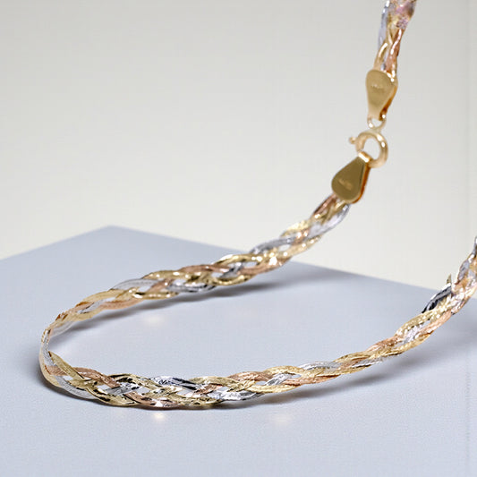 Genuine 18K Gold Multi-Strand Braided Tri-Color Clavicle Chain Necklace