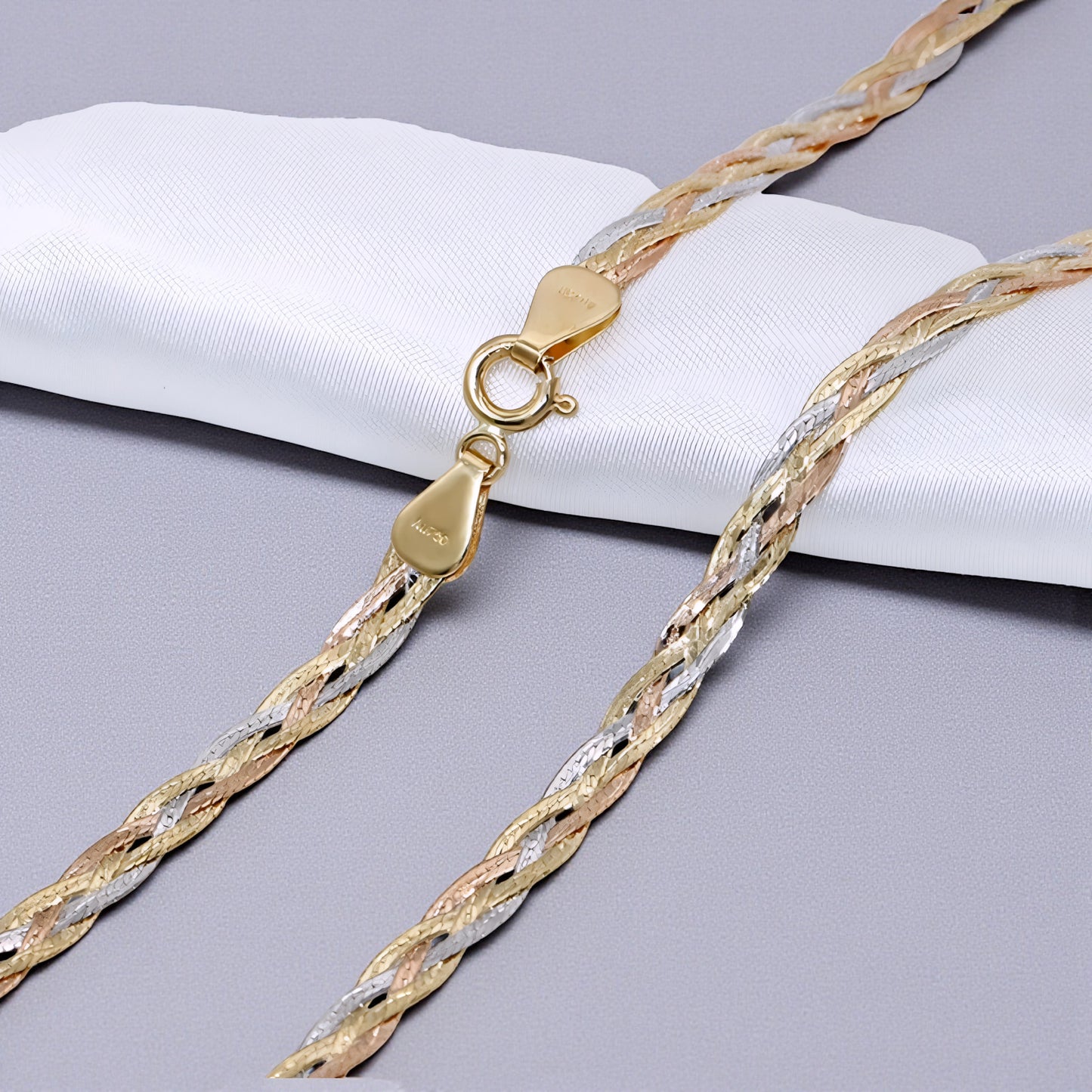 Genuine 18K Gold Multi-Strand Braided Tri-Color Clavicle Chain Necklace