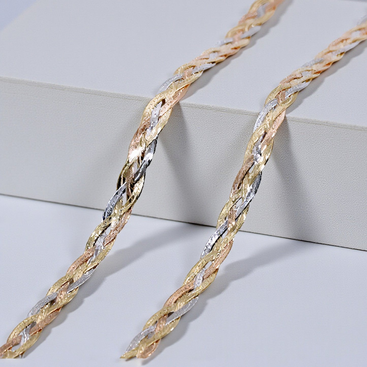 Genuine 18K Gold Multi-Strand Braided Tri-Color Clavicle Chain Necklace
