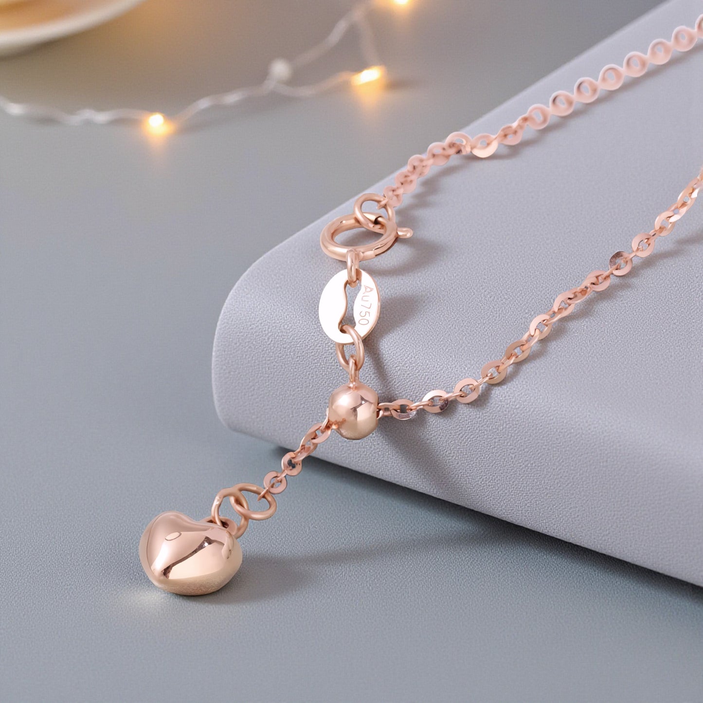 18K Yellow Rose and White Gold Chain Heart Charm Adjustable Necklace