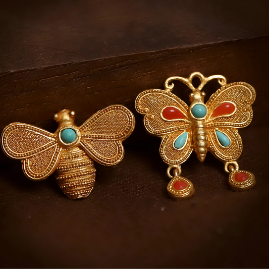 24K 999 Gold Ancient Vintage Cultural Craft Butterfly and Bee Pendant