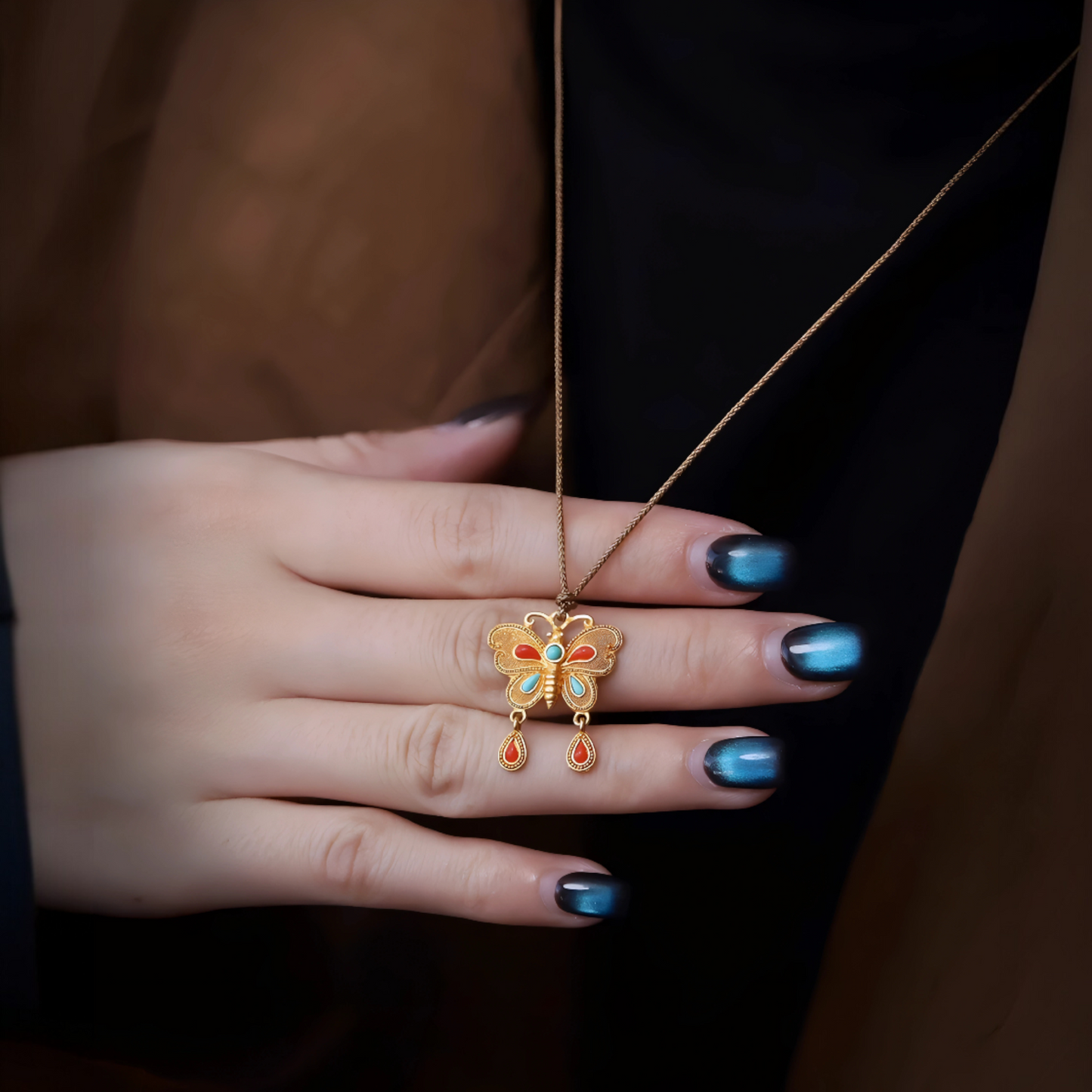 24K 999 Gold Ancient Vintage Cultural Craft Butterfly and Bee Pendant