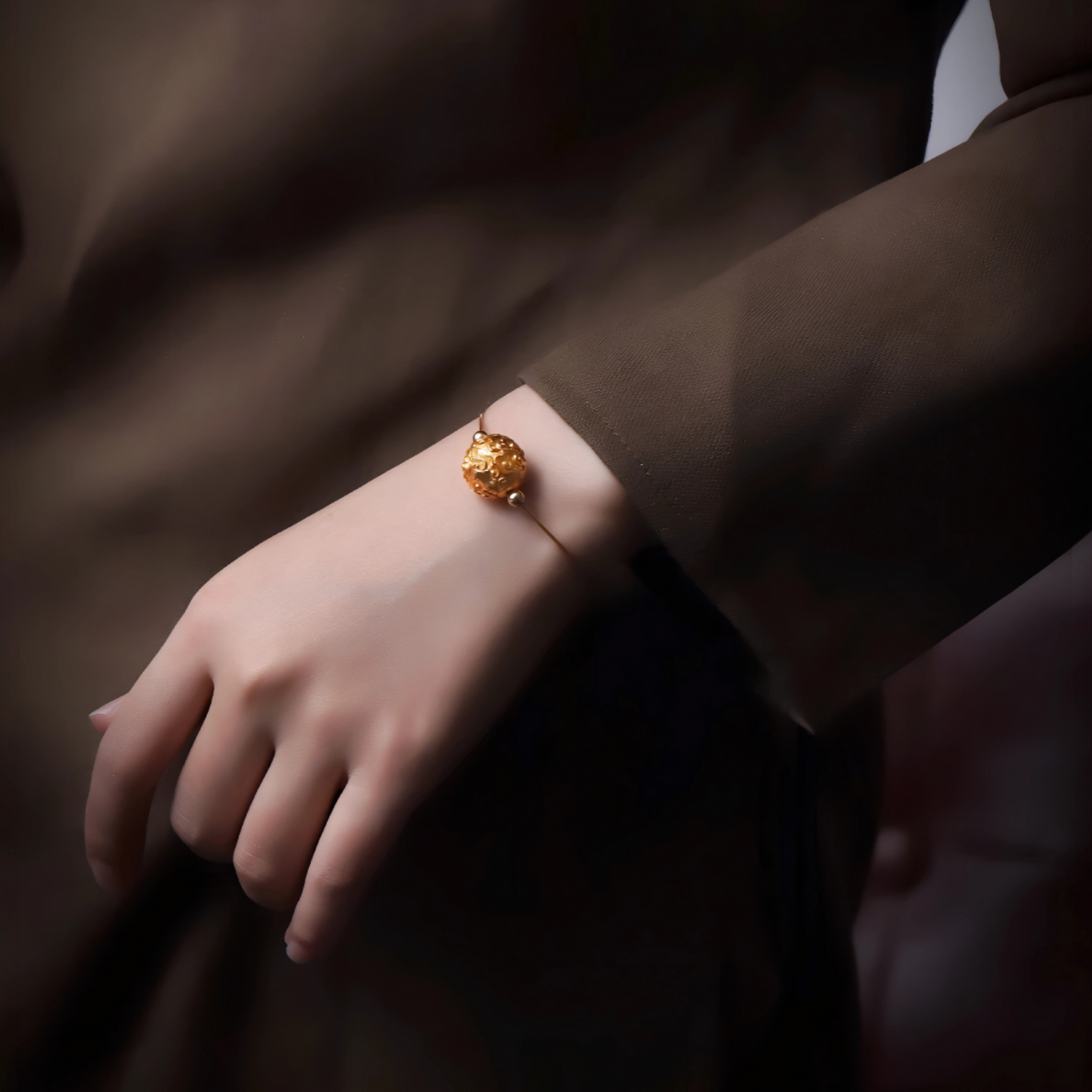 24K 999 Gold Ancient Vintage Engraved Lucky Cloud Pattern Round Bead Charm Spacer Pendant