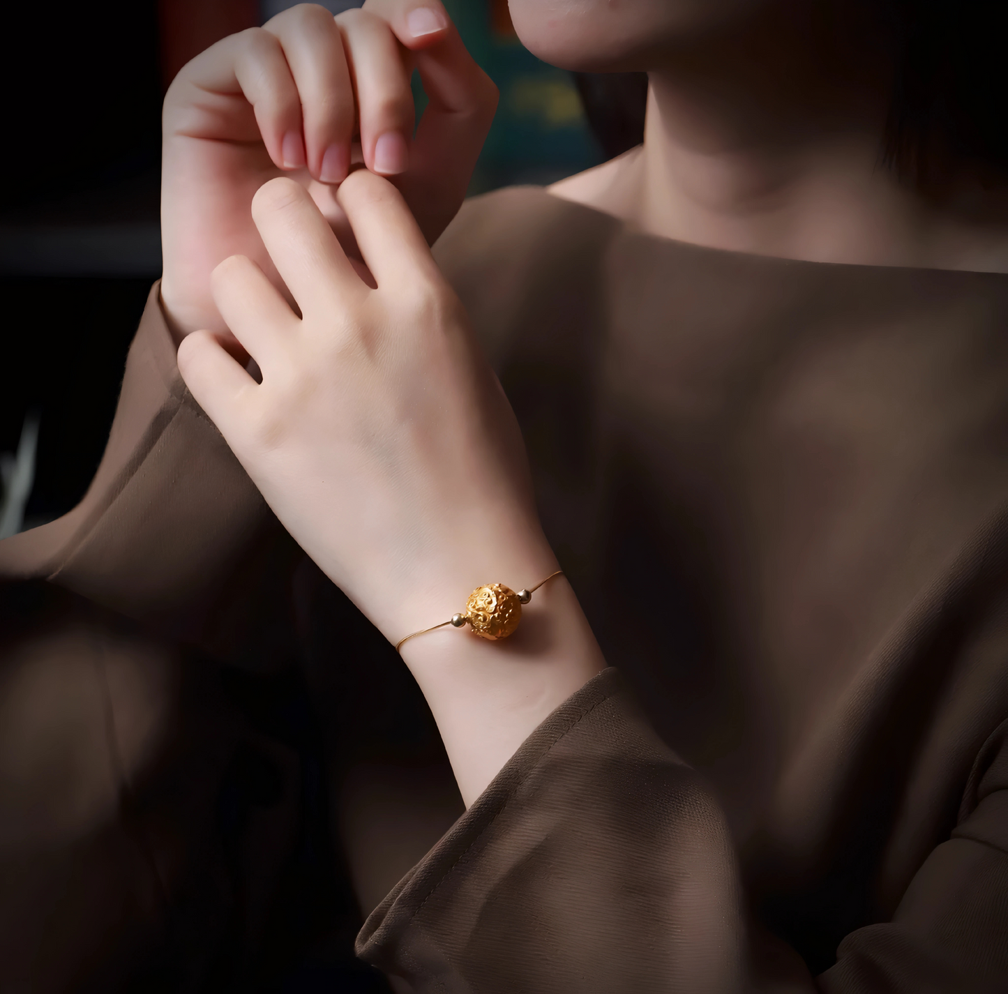 24K 999 Gold Ancient Vintage Engraved Lucky Cloud Pattern Round Bead Charm Spacer Pendant