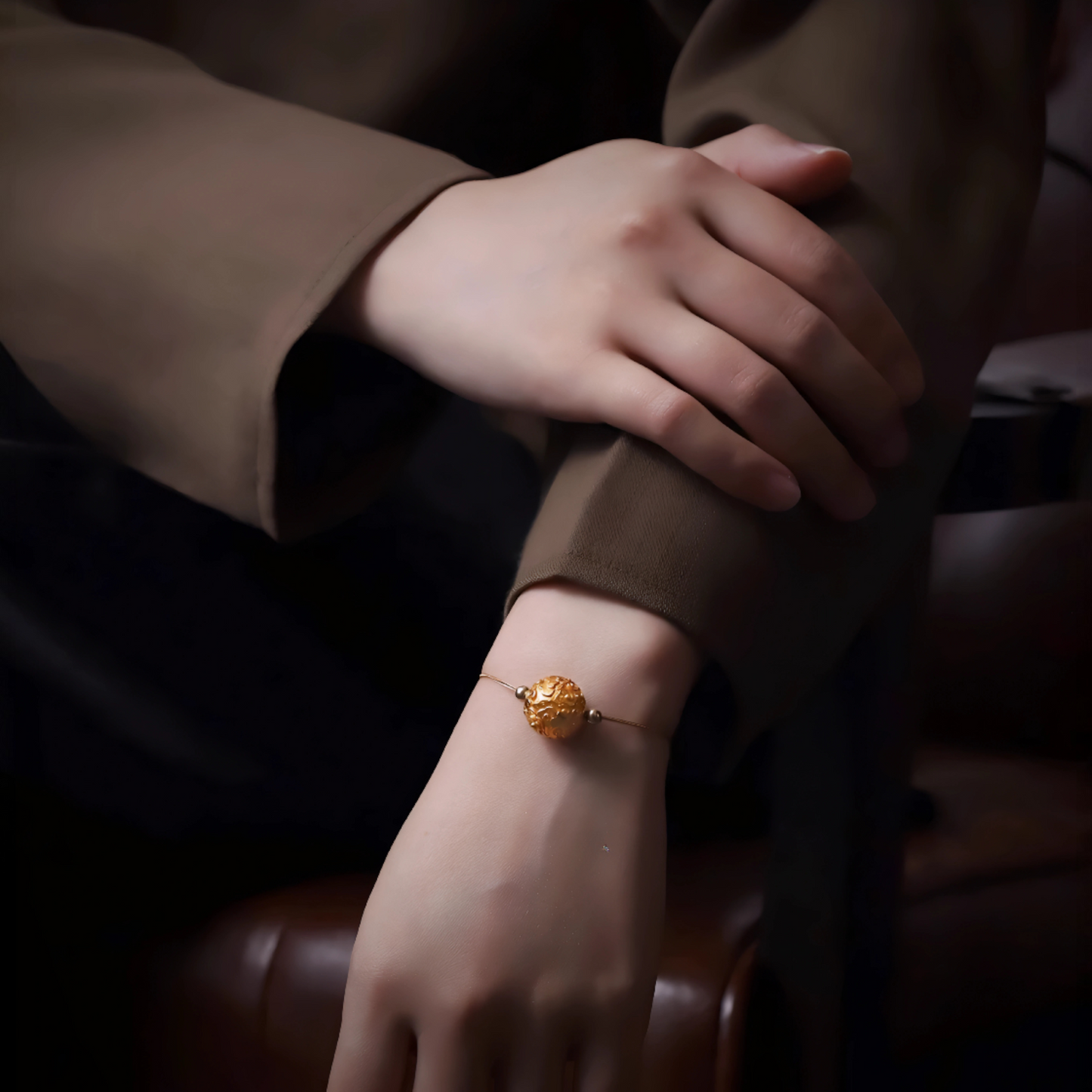 24K 999 Gold Ancient Vintage Engraved Lucky Cloud Pattern Round Bead Charm Spacer Pendant