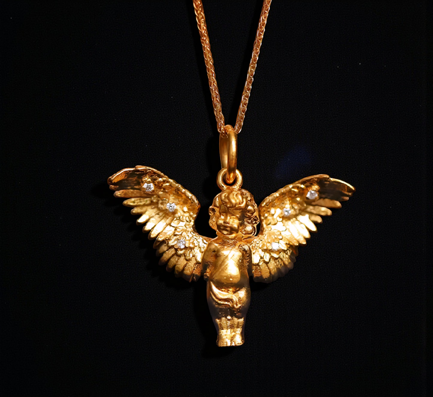 24K 999 Gold Vintage Style Diamond Hand-Engraved Guardian Angel Pendant