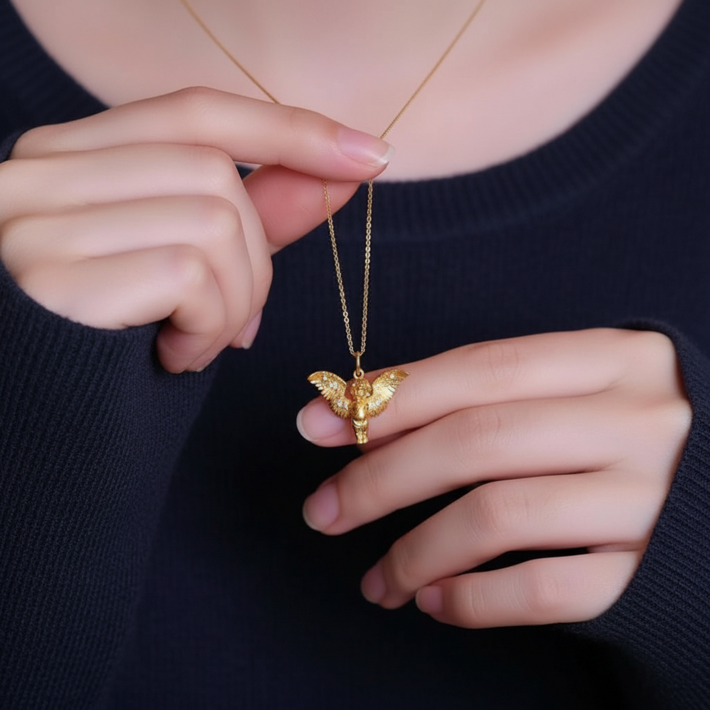 24K 999 Gold Vintage Style Diamond Hand-Engraved Guardian Angel Pendant