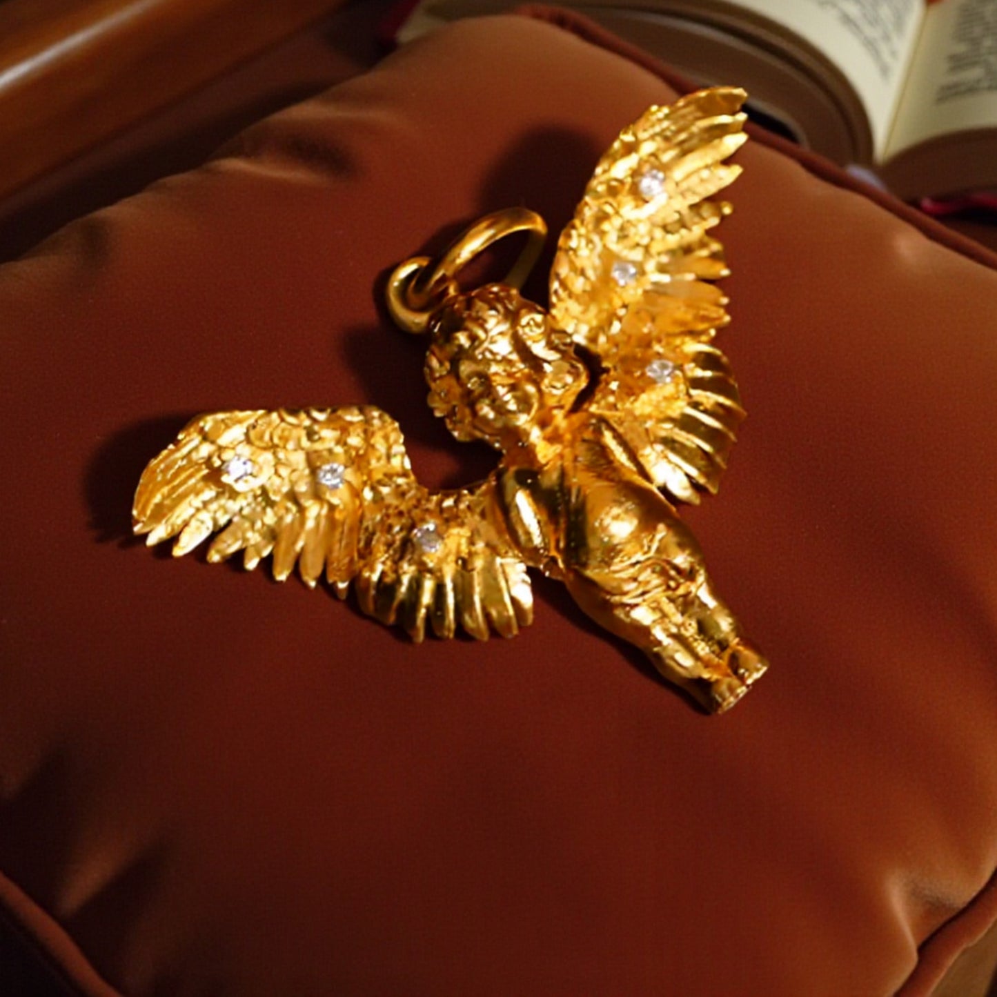 24K 999 Gold Vintage Style Diamond Hand-Engraved Guardian Angel Pendant