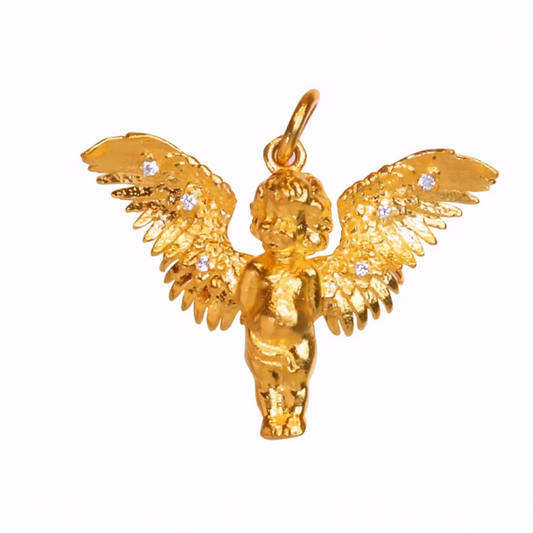 24K 999 Gold Vintage Style Diamond Hand-Engraved Guardian Angel Pendant