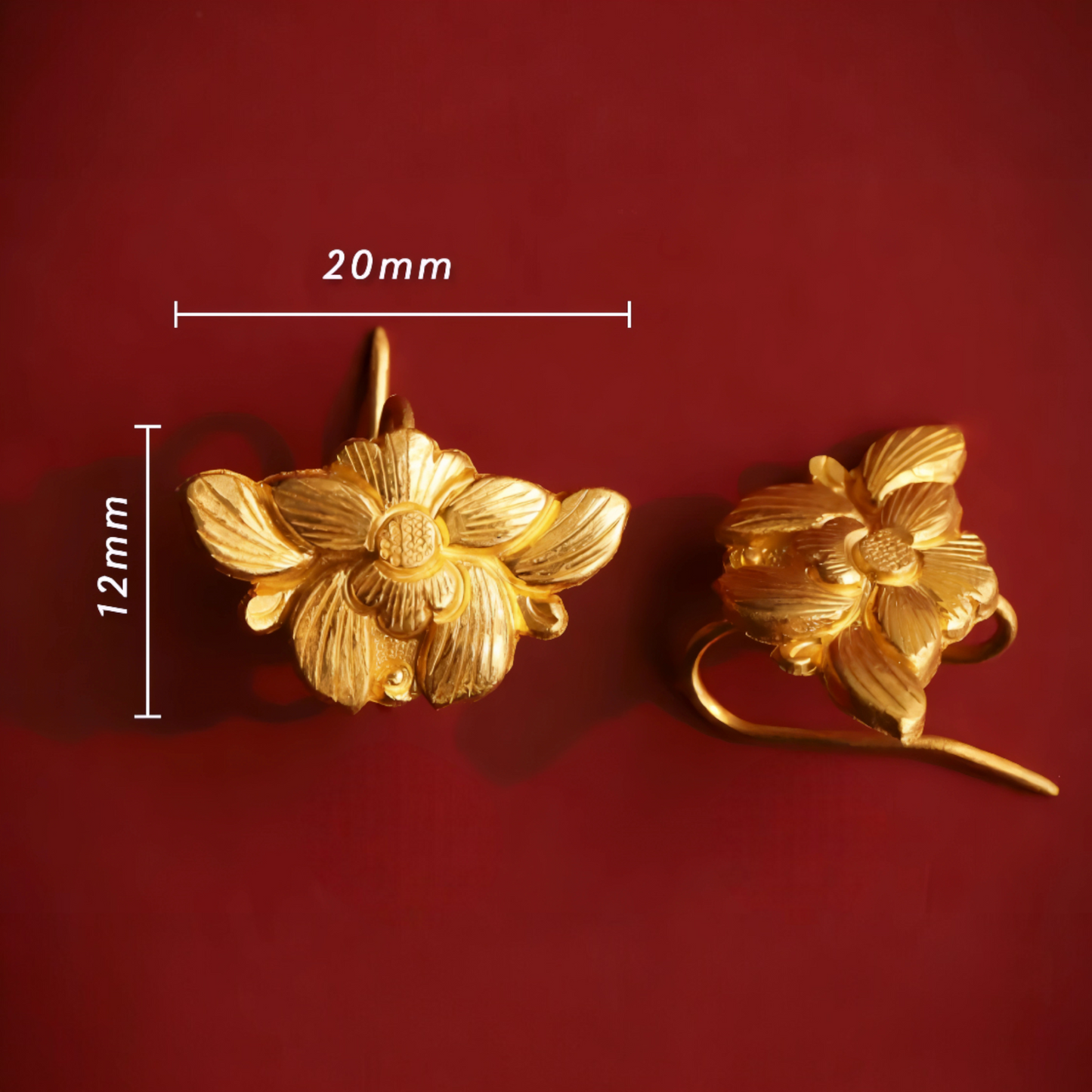 24K 999 Gold Vintage Style Hand-Engraved Detailed Orchid Flower Ear Hooks Earrings