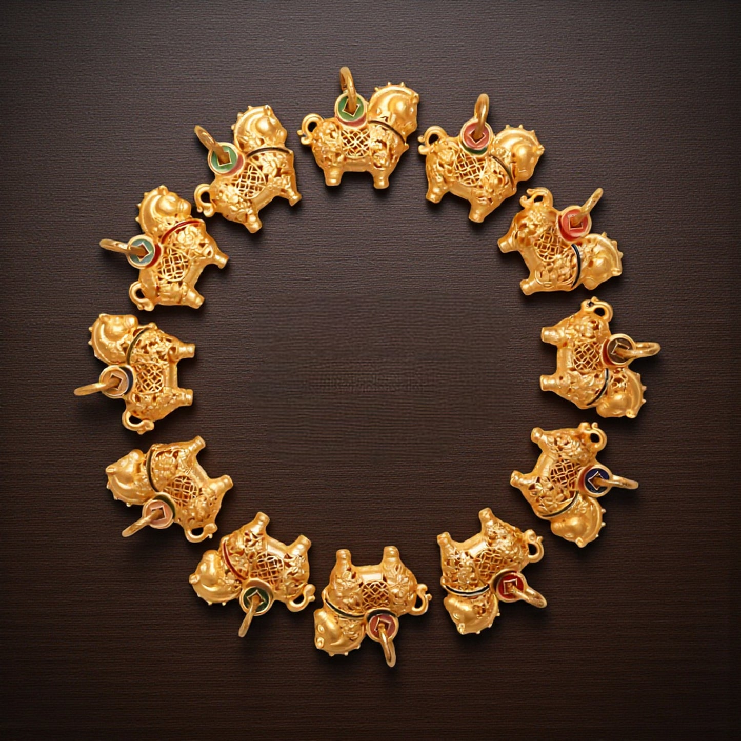 24K 999 Gold Vintage Zodiac Chinese Year of Horse Monthly Cloisonné Enamel Pendant