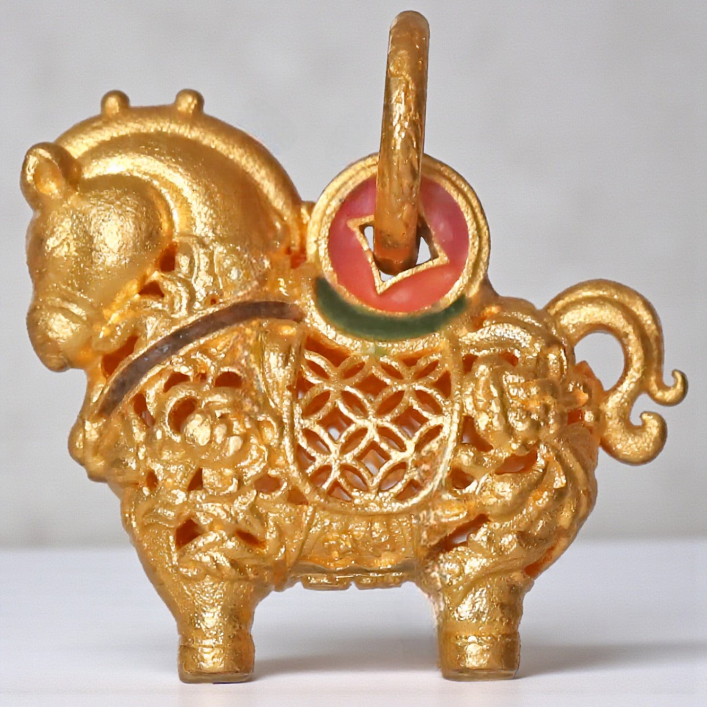 24K 999 Gold Vintage Zodiac Chinese Year of Horse Monthly Cloisonné Enamel Pendant