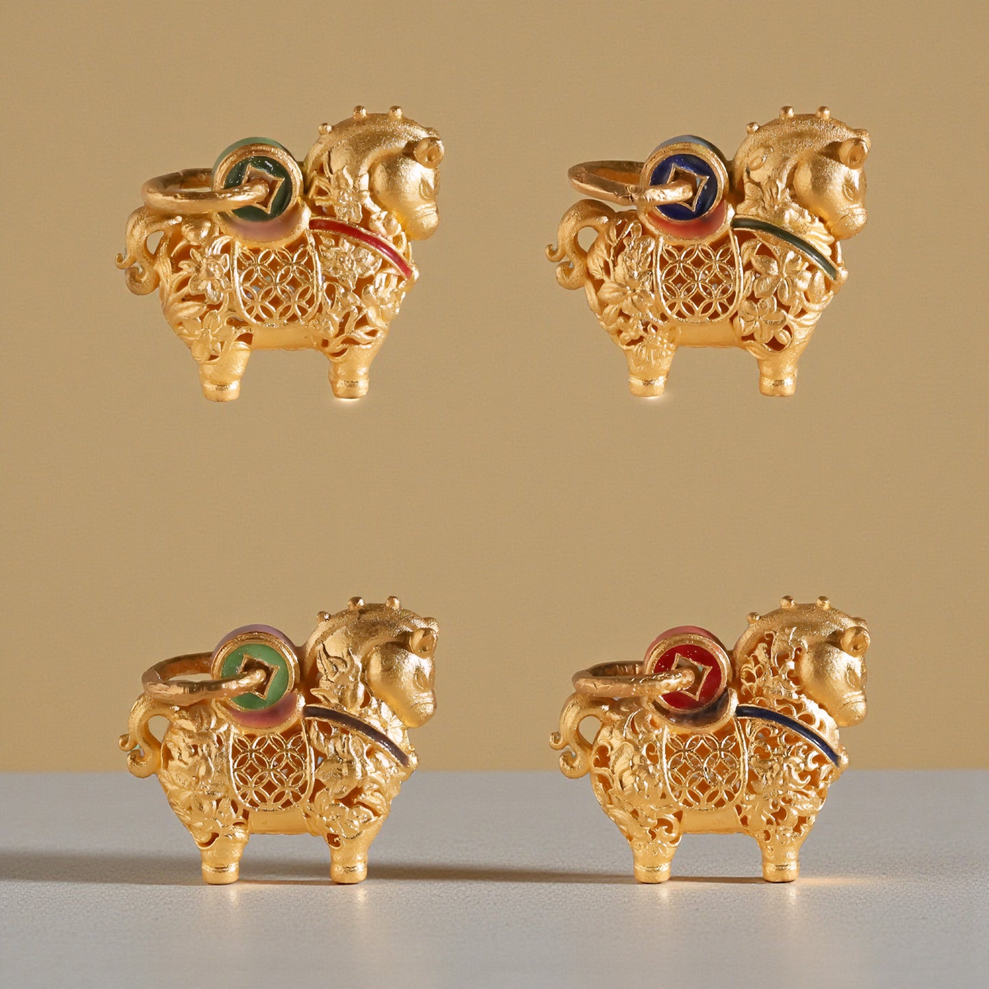 24K 999 Gold Vintage Zodiac Chinese Year of Horse Monthly Cloisonné Enamel Pendant