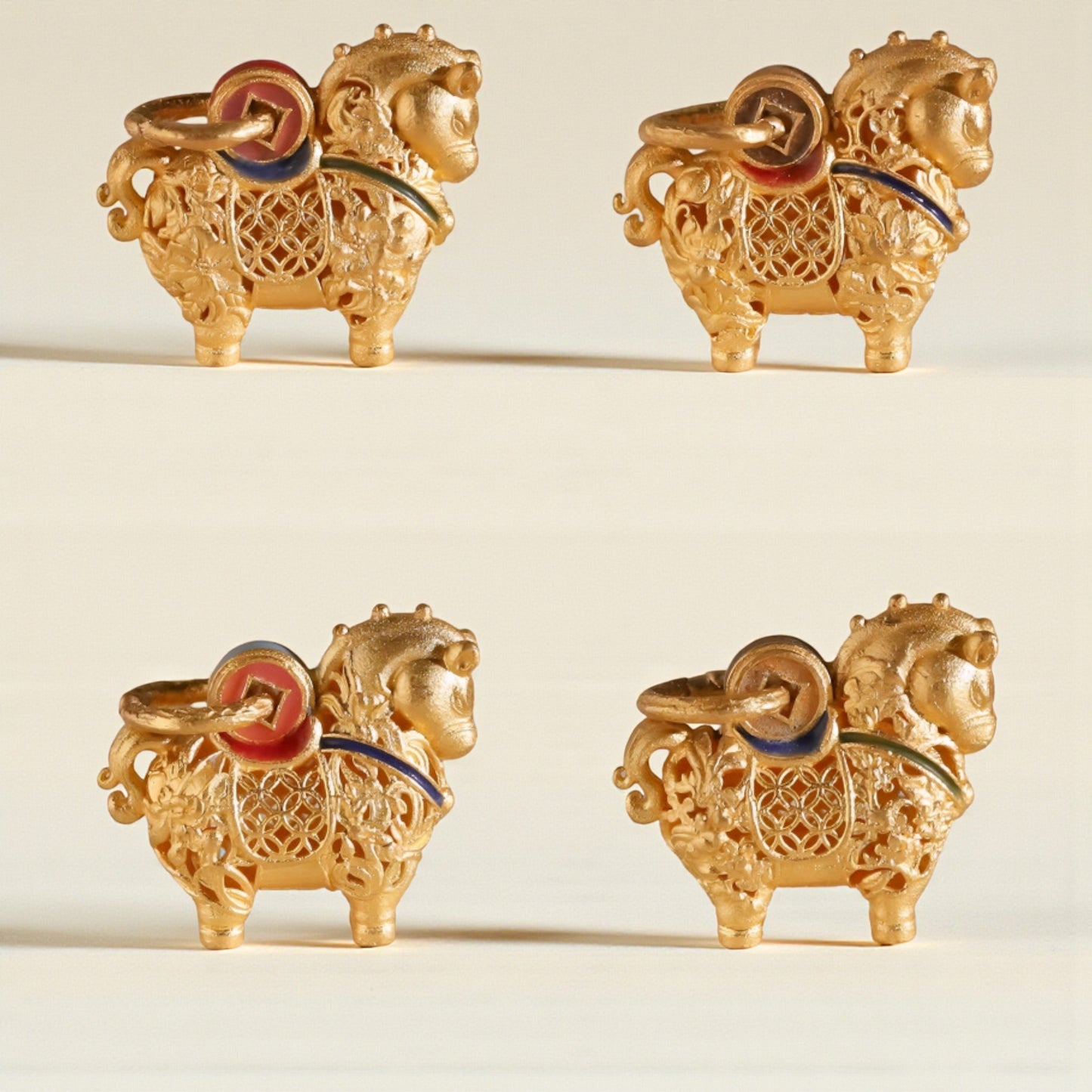 24K 999 Gold Vintage Zodiac Chinese Year of Horse Monthly Cloisonné Enamel Pendant