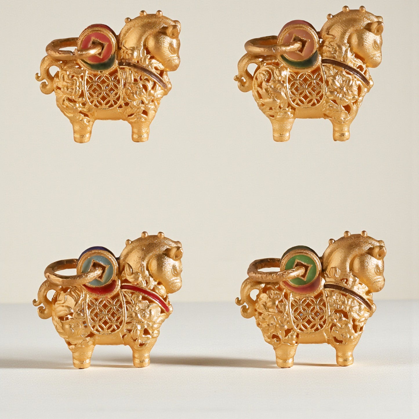 24K 999 Gold Vintage Zodiac Chinese Year of Horse Monthly Cloisonné Enamel Pendant