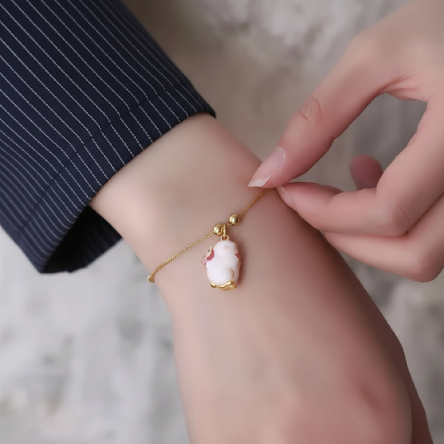 24K 999 Gold Pink Cloisonné Enamel Lucky Rabbit Pendant