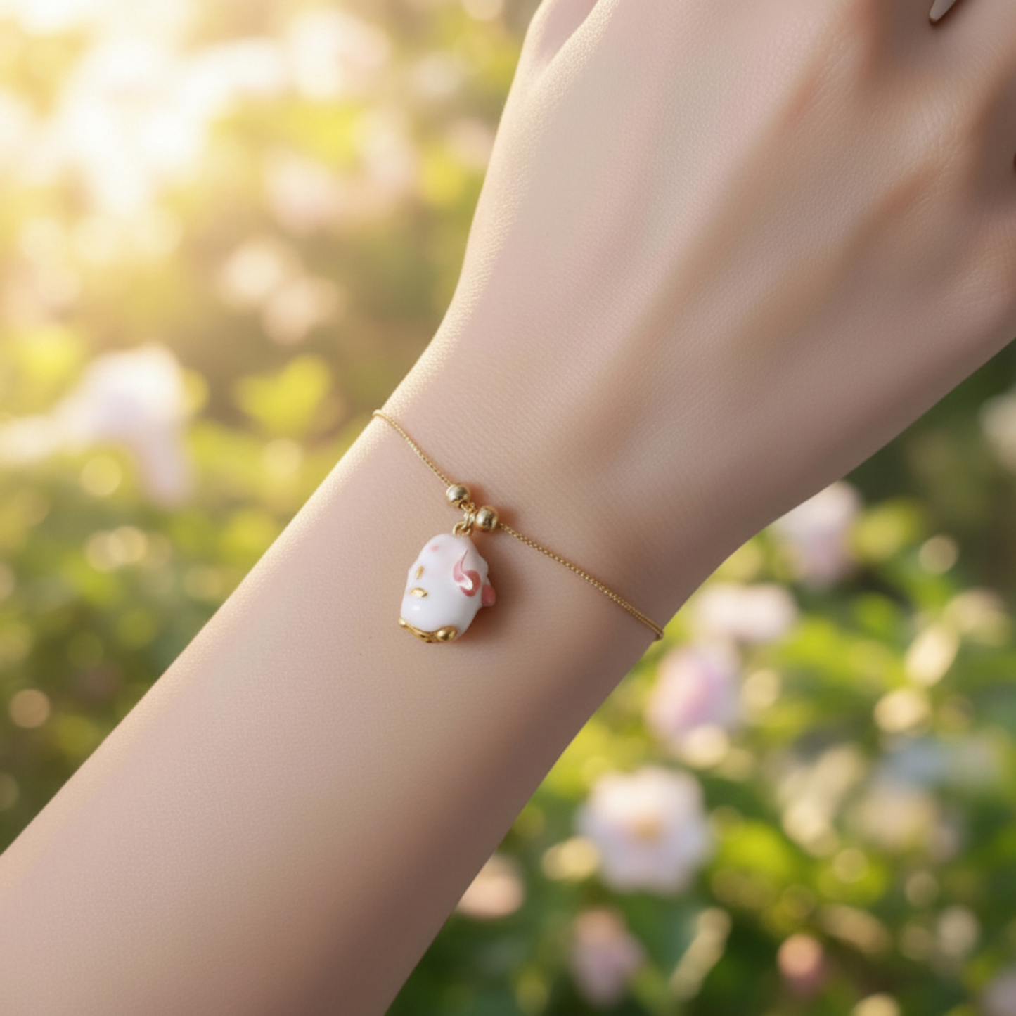 24K 999 Gold Pink Cloisonné Enamel Lucky Rabbit Pendant