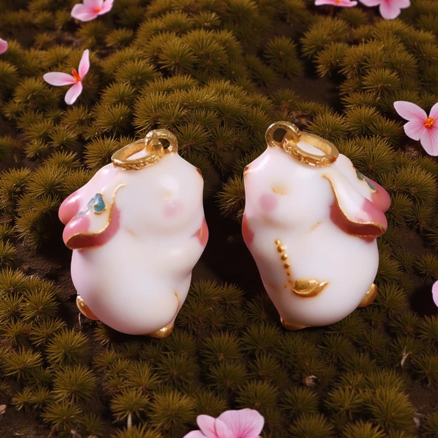 24K 999 Gold Pink Cloisonné Enamel Lucky Rabbit Pendant