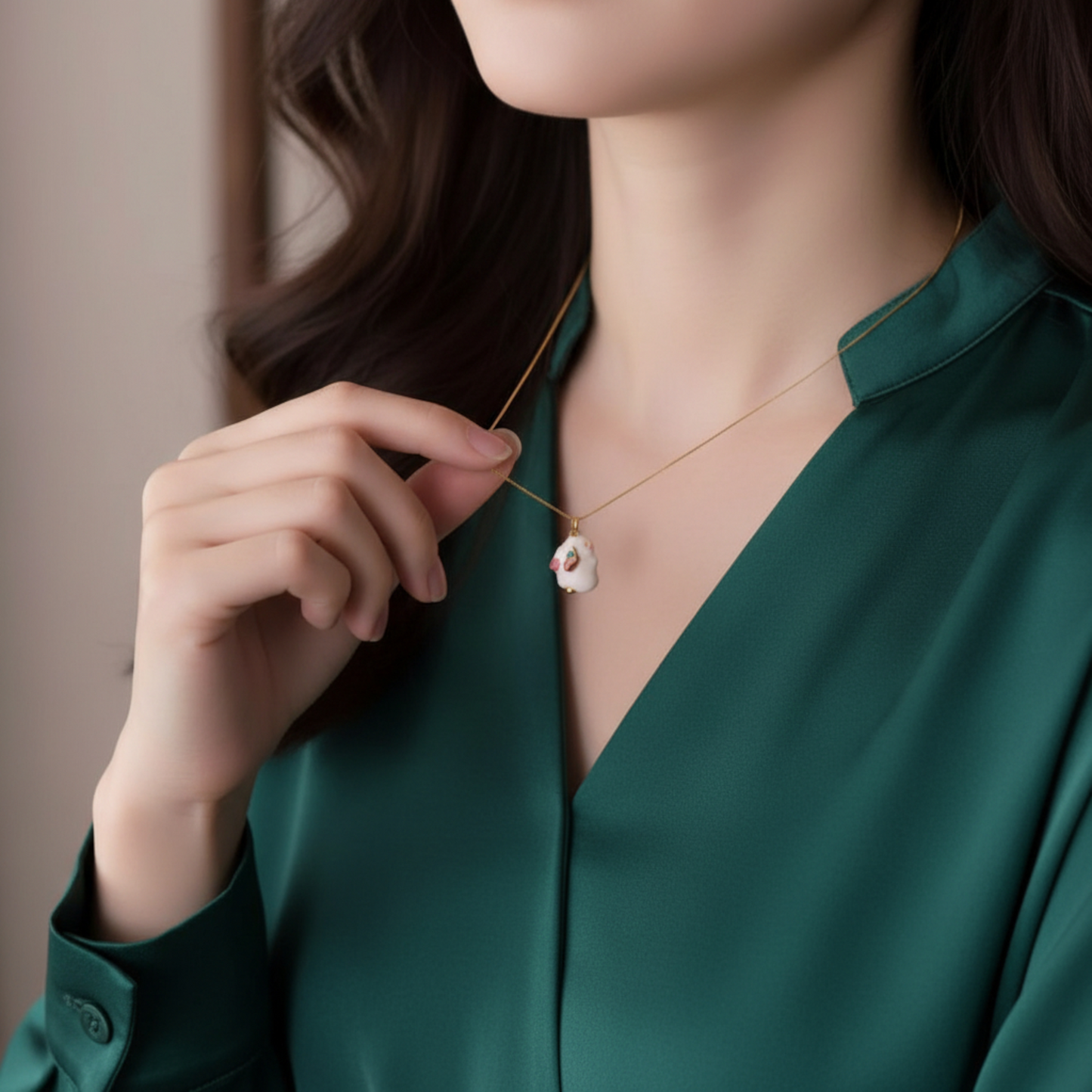 24K 999 Gold Pink Cloisonné Enamel Lucky Rabbit Pendant