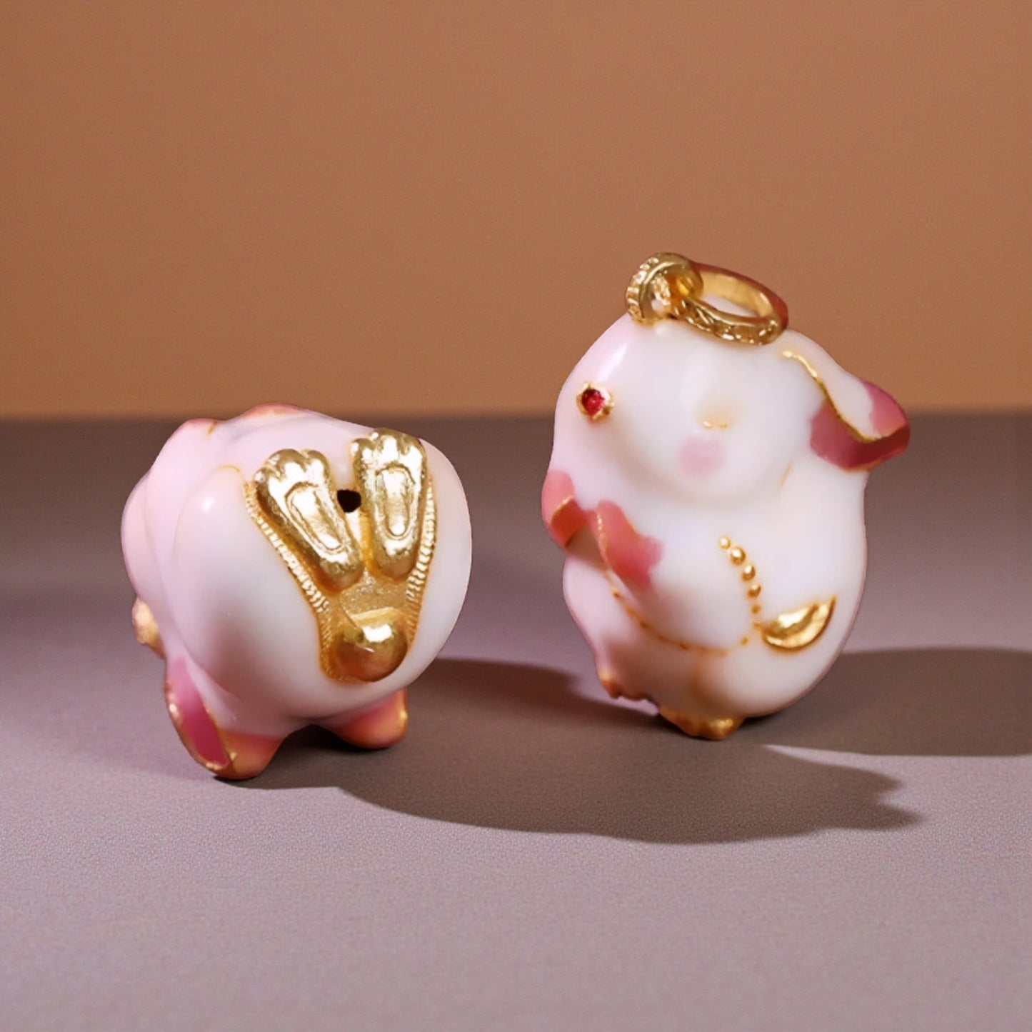 24K 999 Gold Pink Cloisonné Enamel Lucky Rabbit Pendant