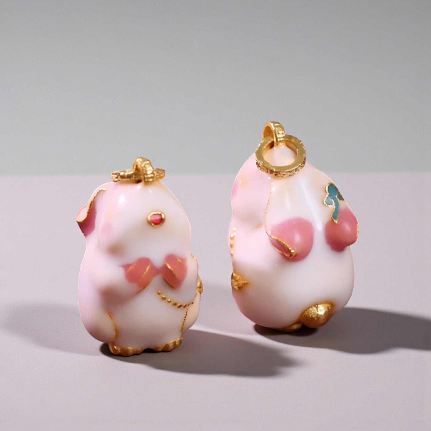 24K 999 Gold Pink Cloisonné Enamel Lucky Rabbit Pendant