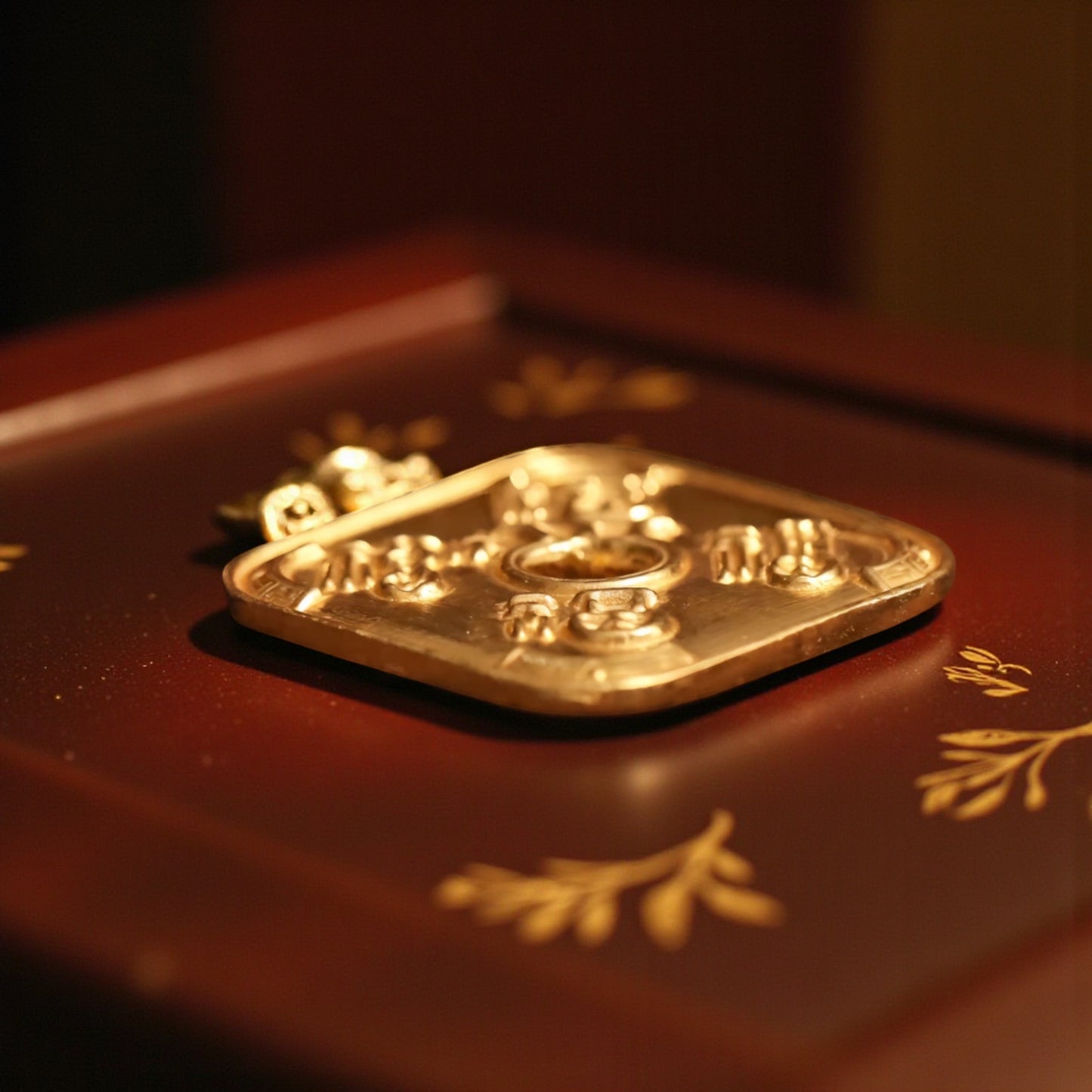 24K 999 Gold Vintage Chinese Fu Blessing Square Engraved Coin Good Luck Pendant